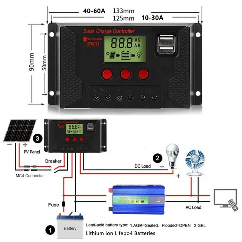 Custom 12v 24v 10a 20a 30a 40a 50a 60a Charger Pump Controllers Manual Pwm Solar Panel Charge Controller For PV Module System