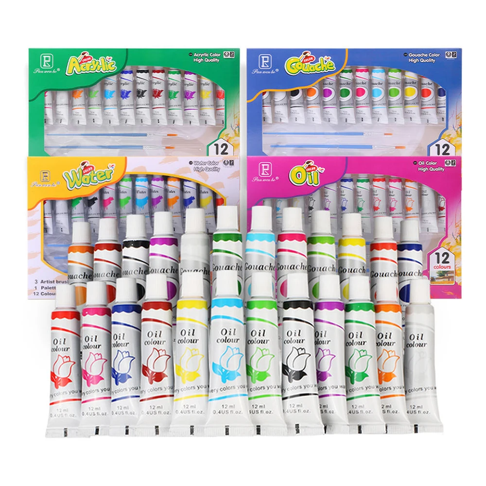 Panwenbo Eco-Friendly Non Toxic 12 Colors 12ml Gouache Paint Portable Artists Watercolor Oil Gouache Acrylic Paints Set