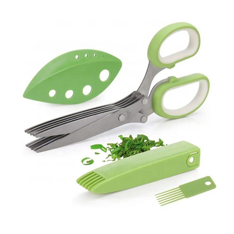  Multi-Function Home Kitchen Stainless Steel 5 Blade Scissors with Brush Herb Stripper Set Shears