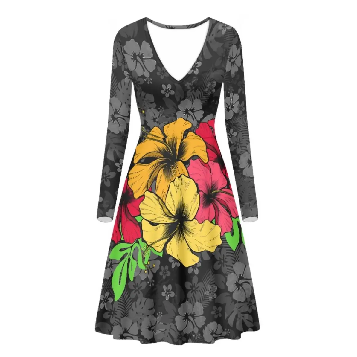 Elegant Casual Long Sleeve V-neck Dress Polynesian Tattoo Totem Hibiscus Print Leave Print Custom Holiday Dresses For Women
