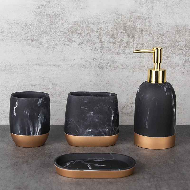 Custom 4 piece Black Marble effect Hotel Home Resin Bathroom Accessory Sets Shower Room
