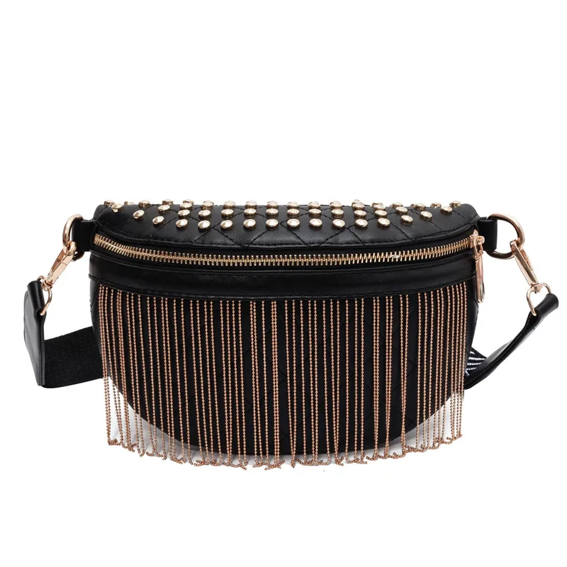 Women Fanny Pack Rivet Casual Shoulder Bag Broadband Chest Bag Tassel Female Bag  DOM107