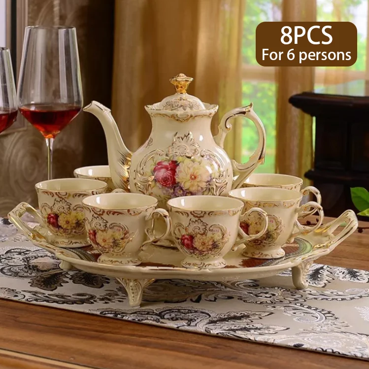 European Porcelain Tea Set with Tray for 6 People British Coffee Tea Set Ceramic Afternoon Teapot Set with Box