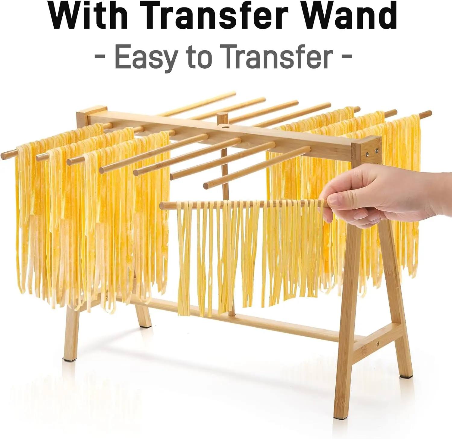 Bamboo Pasta Drying Rack, Noodle Dryer Stand with Transfer Wand and 14 Bars, Stable Household Spaghetti Hanger