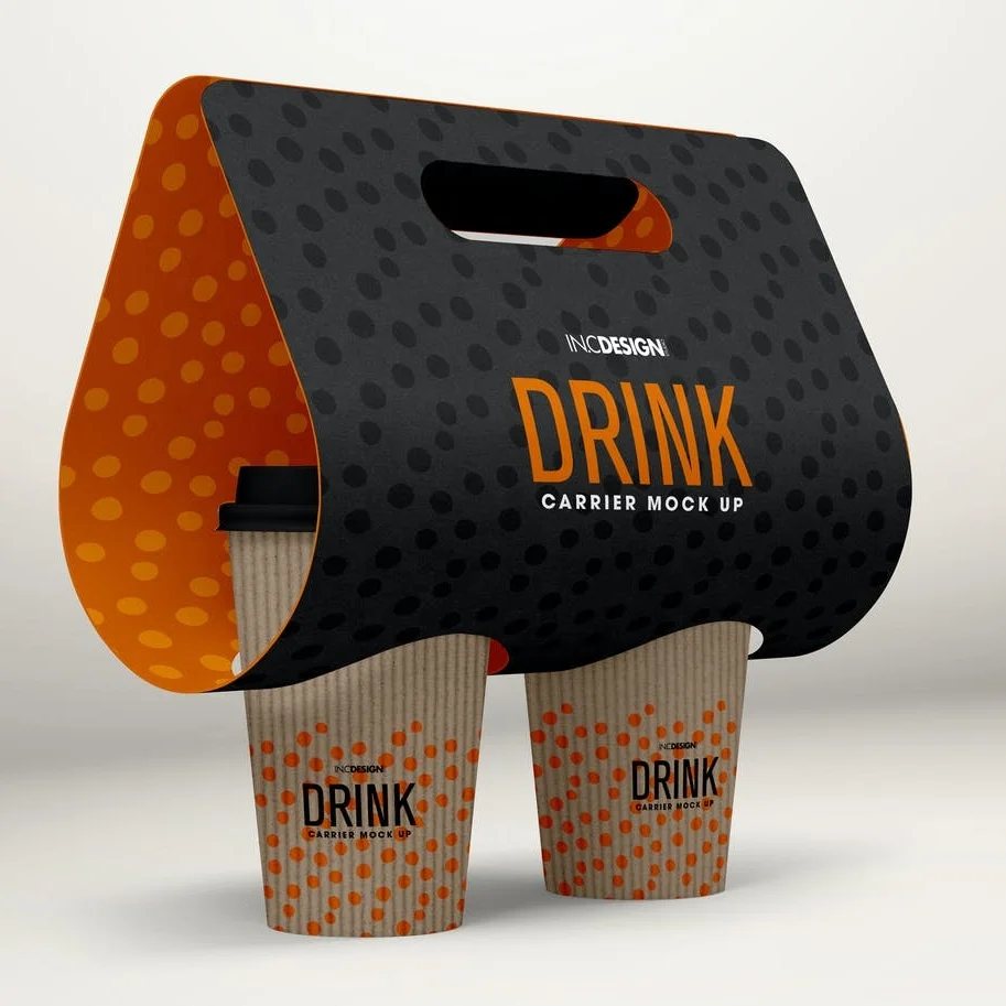 Customized take away  paper double cups carrier to go tea kraft packing disposable coffee paper cup holder