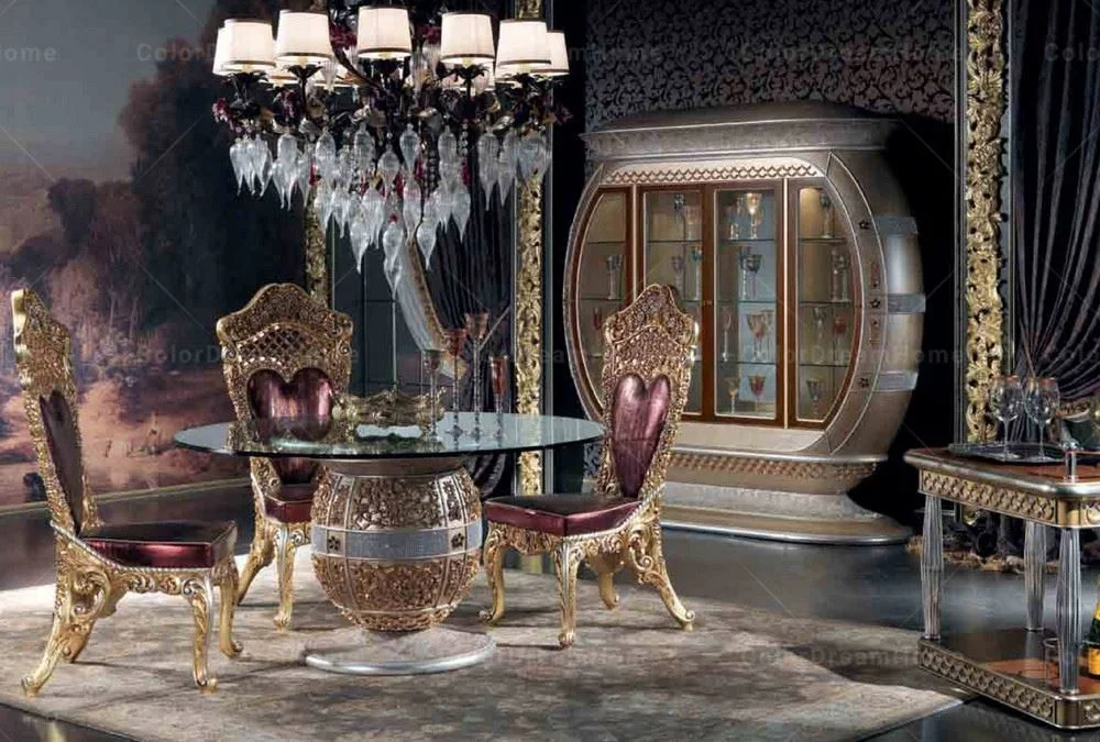 Rococo Royal Luxury Furniture Gold Wood Carving Long Dining Table and Chair Set Glass Countertop