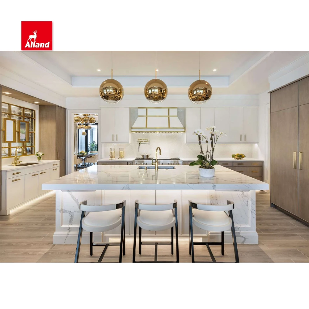 AllandCabinet Custom Luxury White Slim Shaker Thin Skinny Brown Nature Wood Oak Kitchen Cabinet with Countertop Island Two Tone