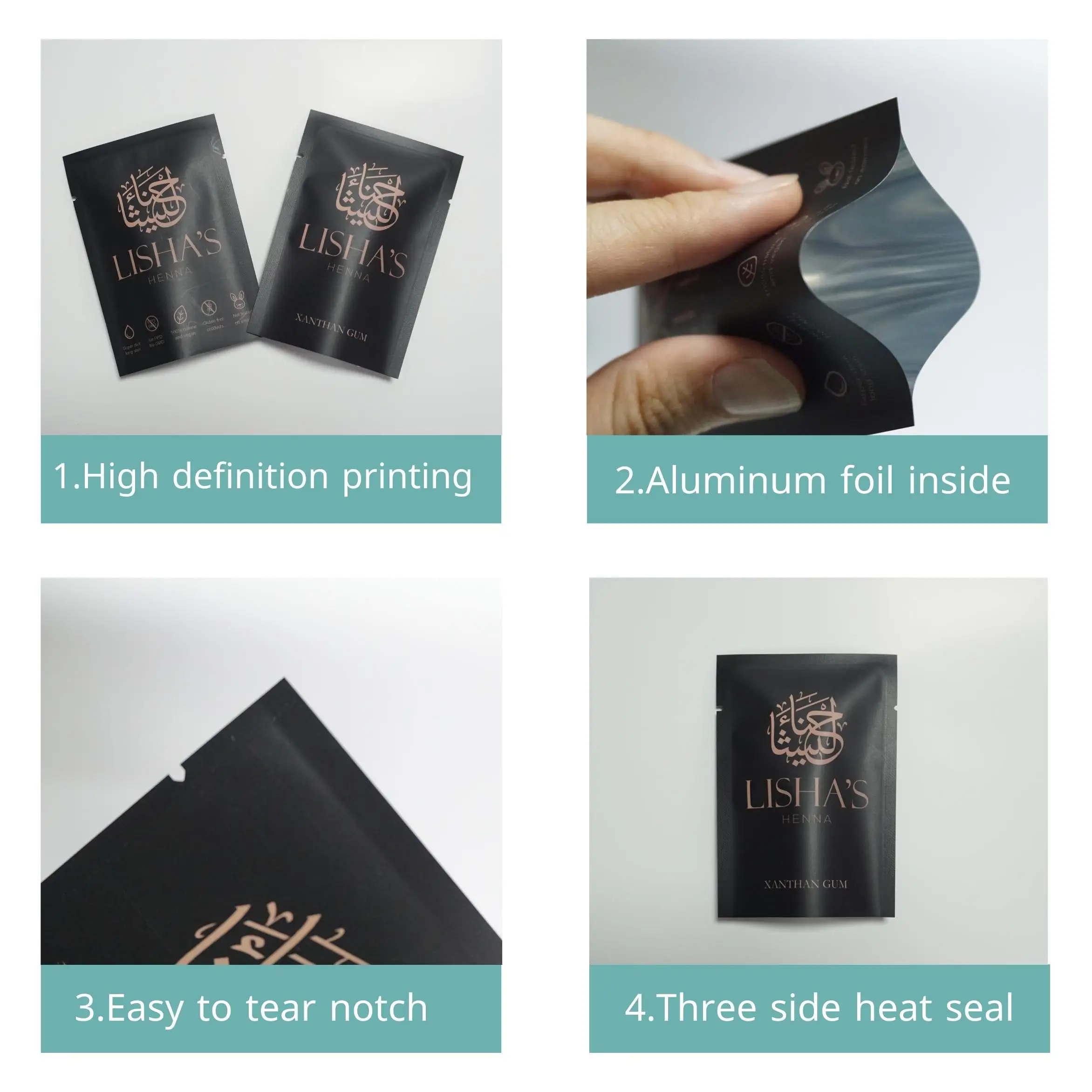 Custom woman condom foil packaging tea sample 3 side heat seal sachet food grade biodegradable transparent packaging for condom