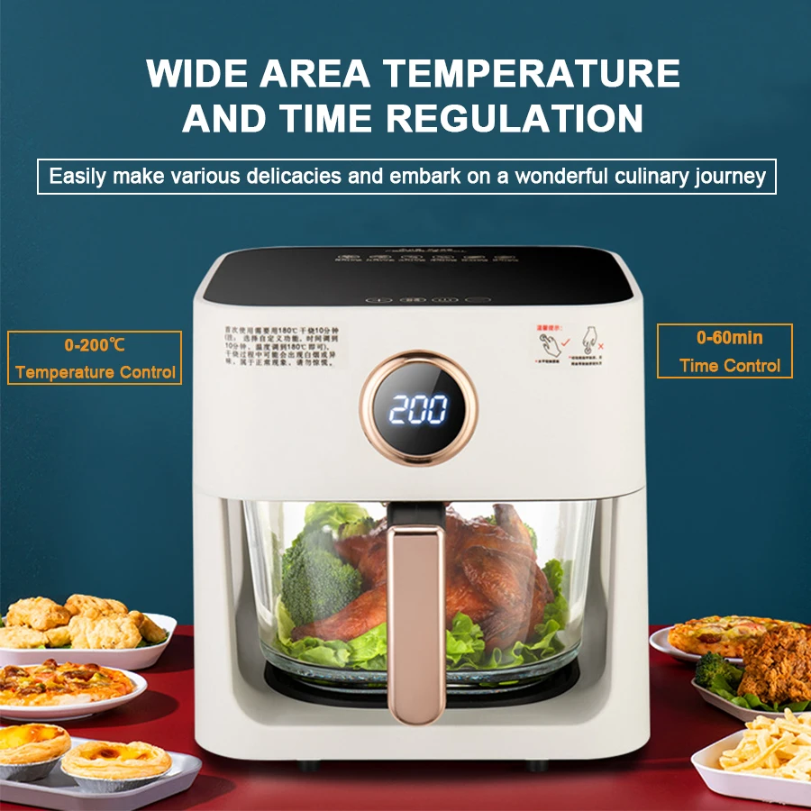 New Design 360 Degree Visible Transparent Glass Basket Pot Air Fryer Voice Touch Control Air Friteuse with Glass Bowl