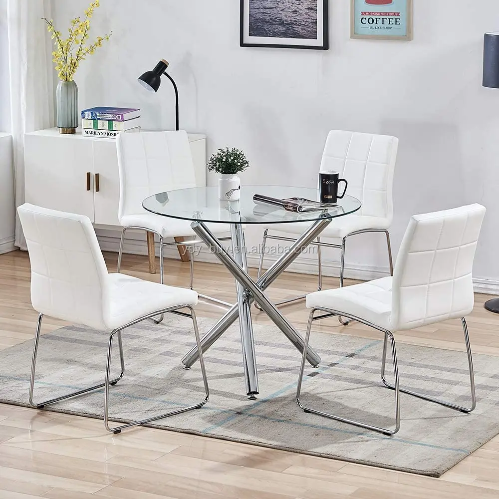 
Free FedEx UPS Shipping USA Local Stock Modern leather stainless steel dining kitchen living room 1 round table + 4 chairs Set 