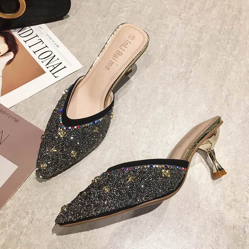Fashion Summer And Autumn Women Pumps Low Heel Flat Pointed Toe Pearl Rhinestone Solid Color Half Slippers Mules