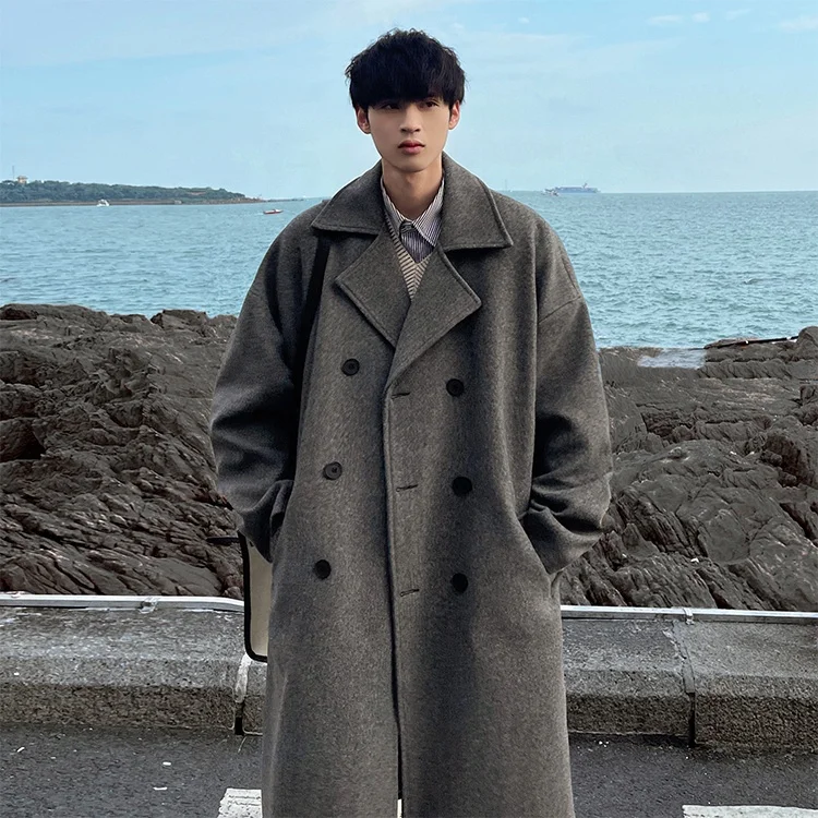 2022 Latest Design Mens Woolen Coat Loose Double Breasted Winter Long Coat for Men