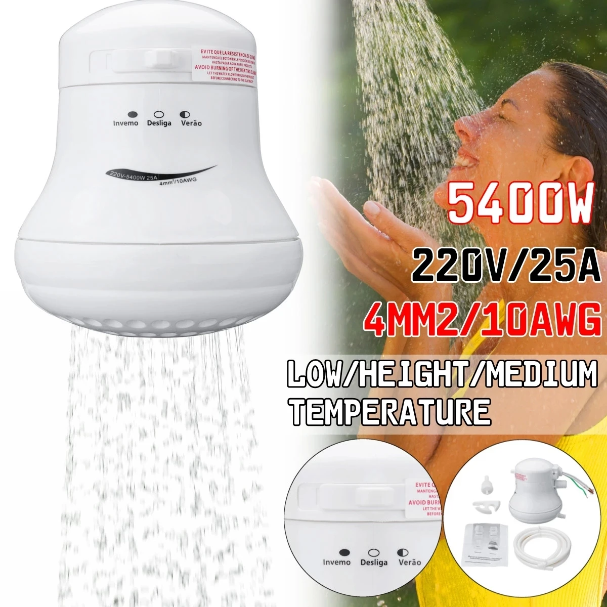Instant Hot Electric Water Heater 5400W 110v/220v Electric Shower Head Faucet 3 Gear Adjustable Fast Heating Bath Shower Heater
