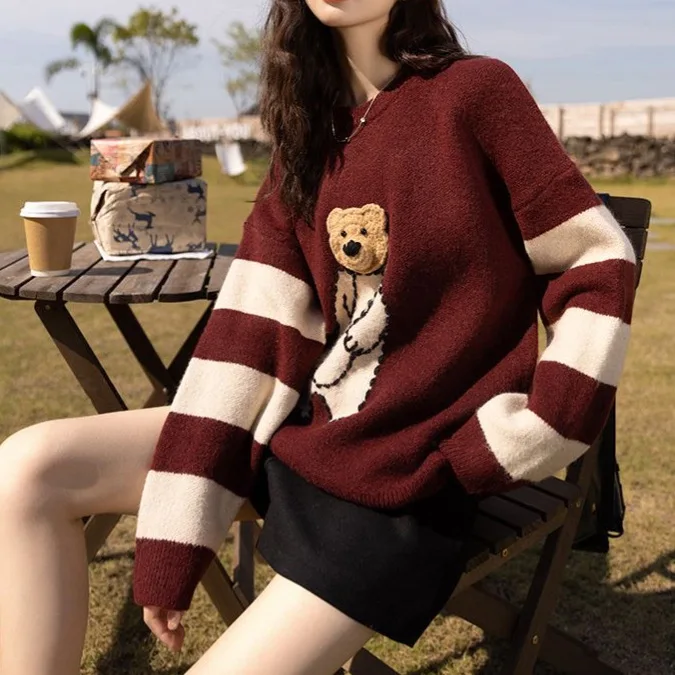 2024 Spring and autumn new arrival high quality Fashion lady crew neck loose fit cartoon bear print women sweater