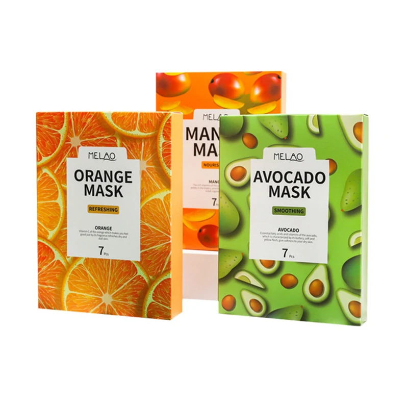 Wholesale Avocado Mango Orange Fruit Mask 7 Pic Mix Box Of Facial Sheet Masks Logo Packaging