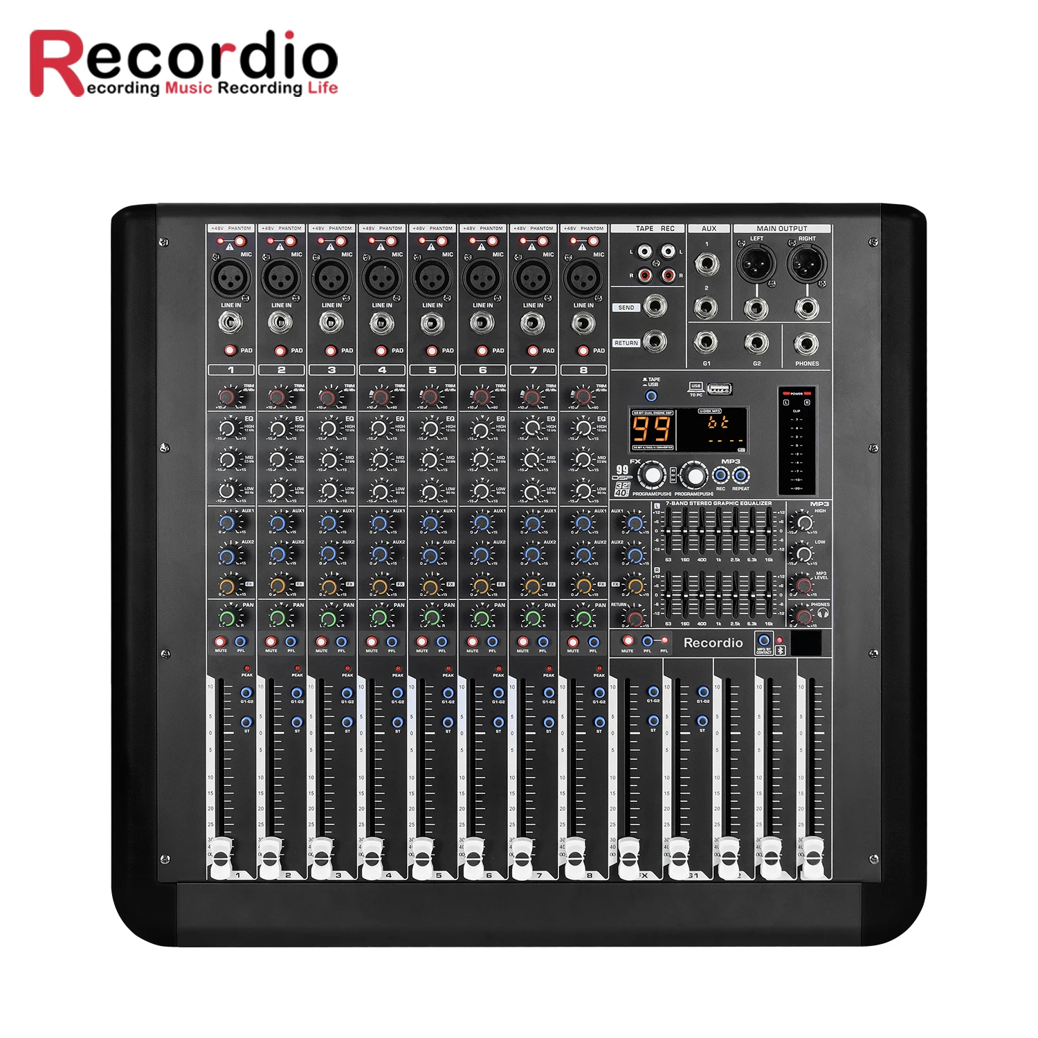 GAX-MQ8 800W*2 Professional Stereo 8-channel Stage Mixer With 99 DSP 7-Segment Equalizer Power Amplifier Mixer