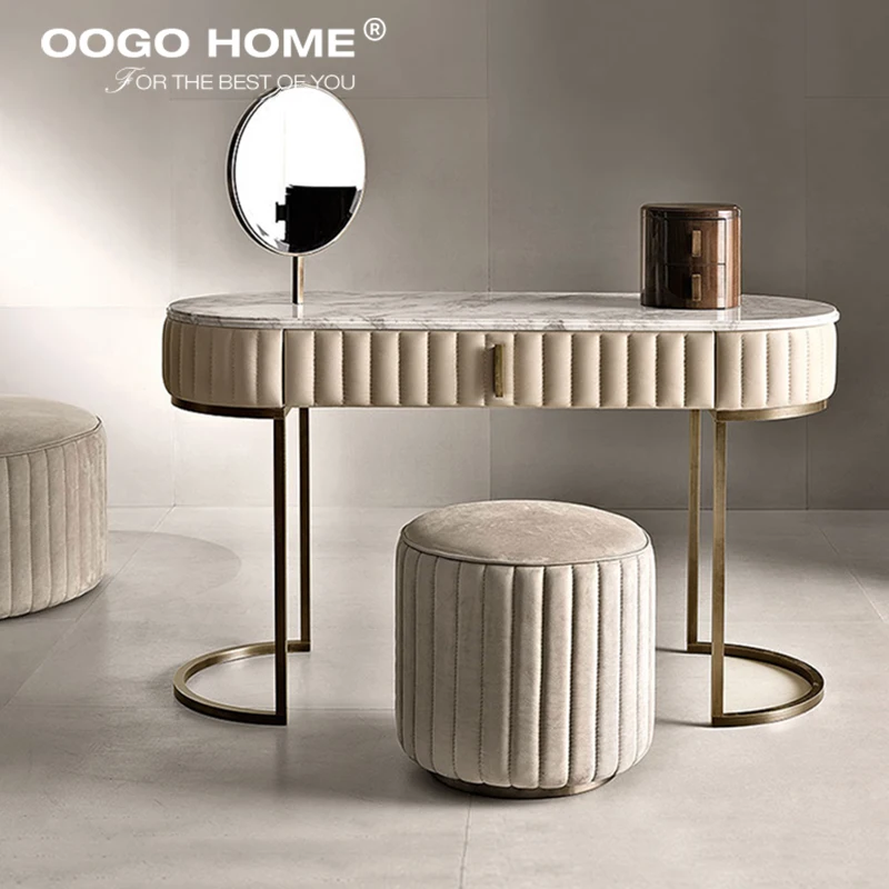 Italian New Dressers Modern Metal Legs Leather Wooden Vanity Makeup Table Mirror Dressing Table with Round Stool