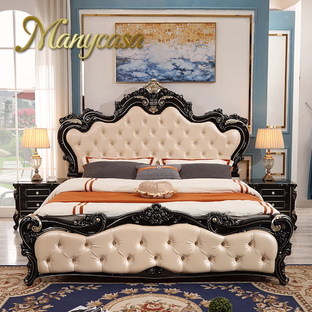 Европейская домашняя мебель, новейшая популярная деревянная резная кожаная двуспальная кровать