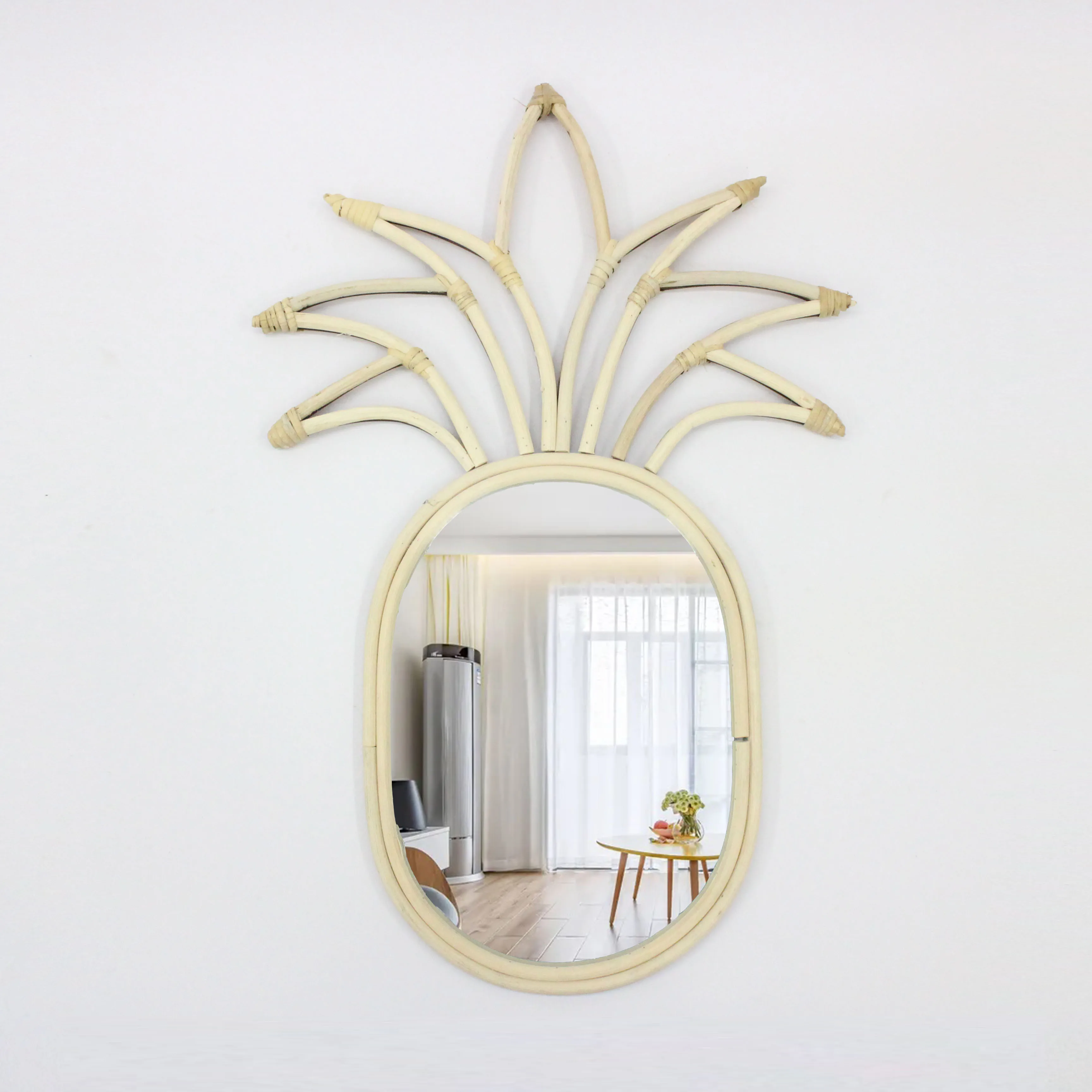 Pineapple shaped hollow decorative wall hanging mirror, manual cane makeup mirror