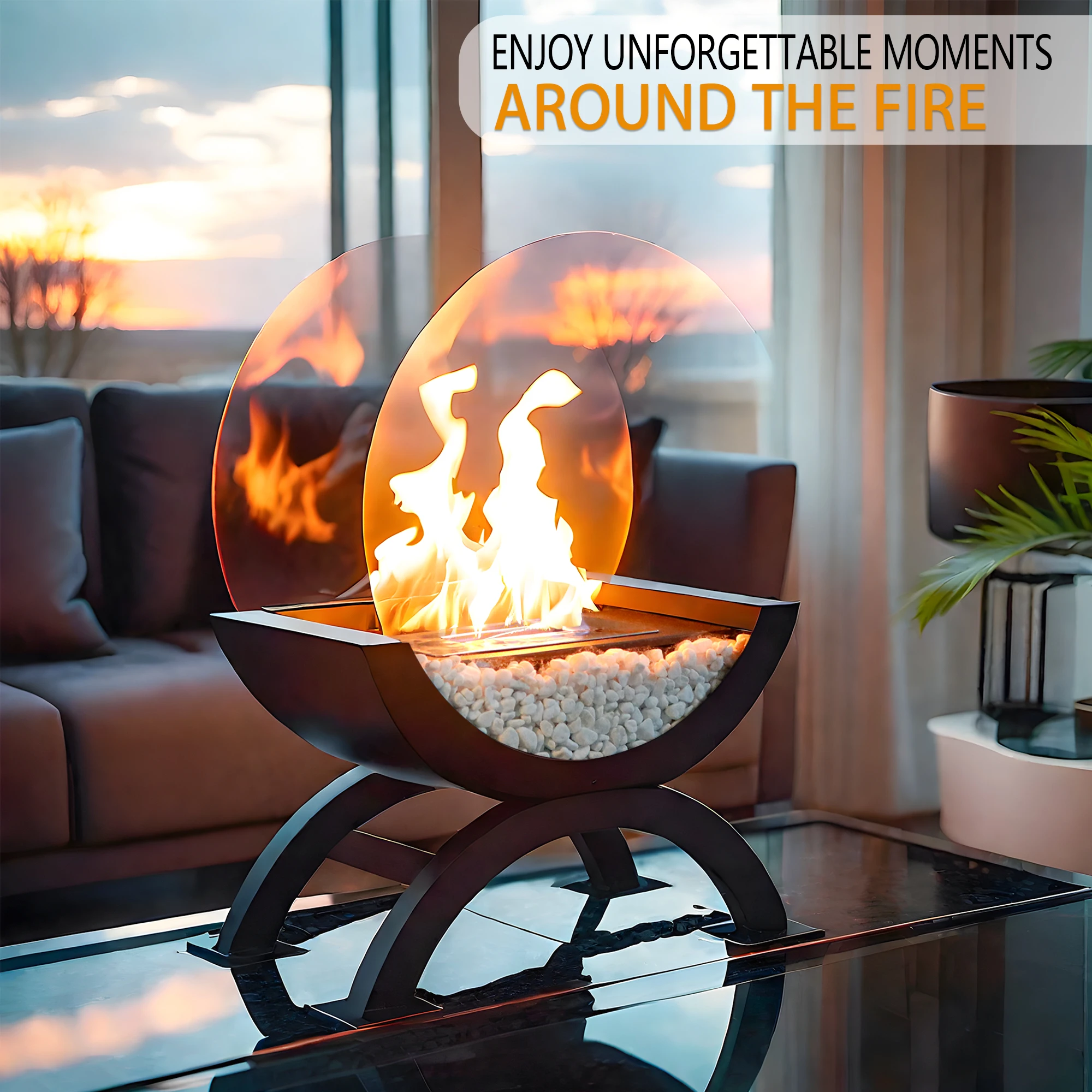 Unique Large Black Ethanol Fireplace Indoor Outdoor Decorative Floor Fireplace With White Stone