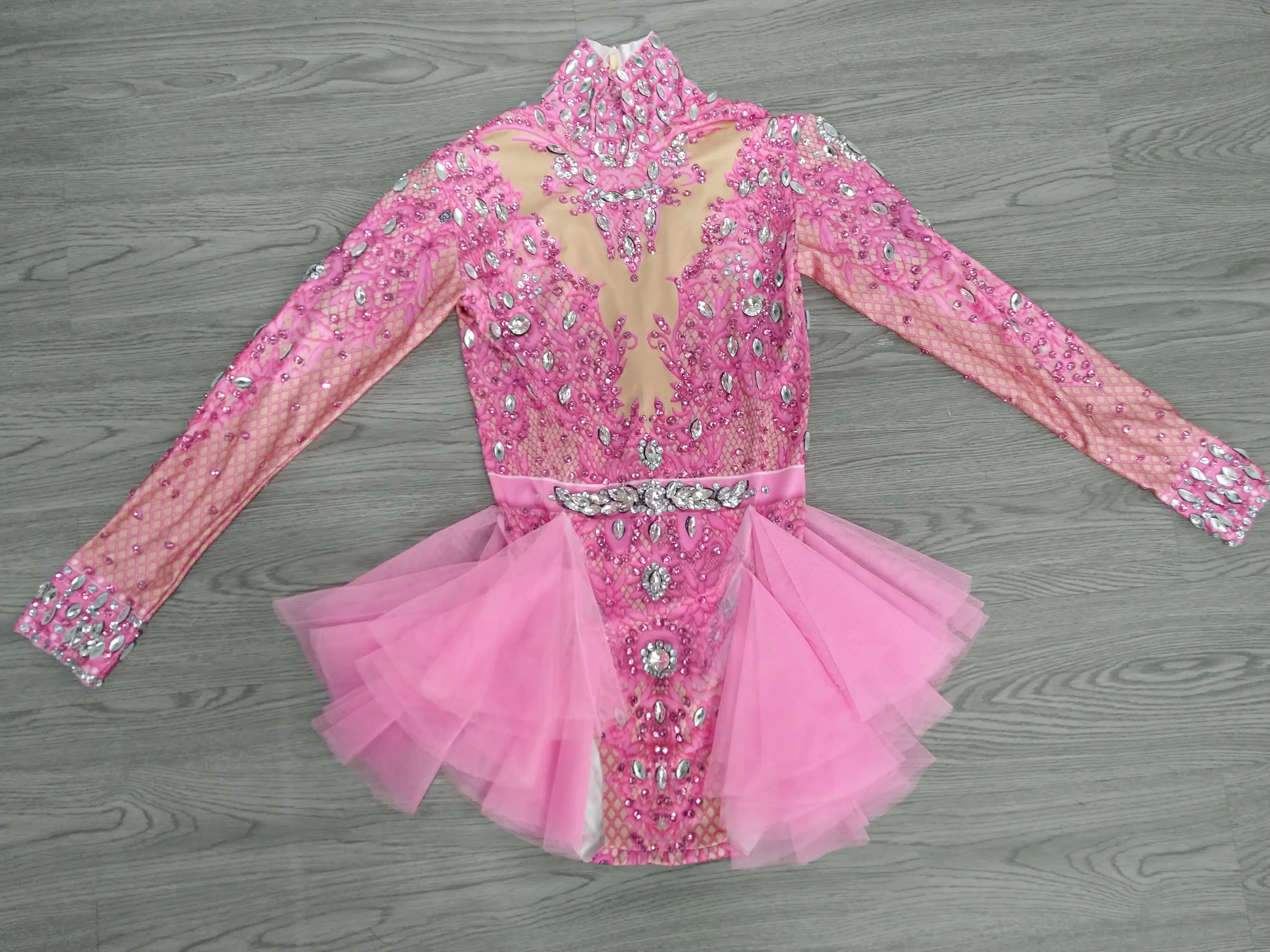 Pink Sparkly Club Crystal Printed Leotard Elastic Tights Mesh Ruffles Rhinestones Bodysuit Stage Costume Party Dance Outfits