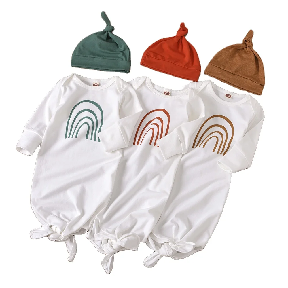 Newborn soft cotton sleeping bag rainbow print long sleeve baby knotted sleeper gowns with hats
