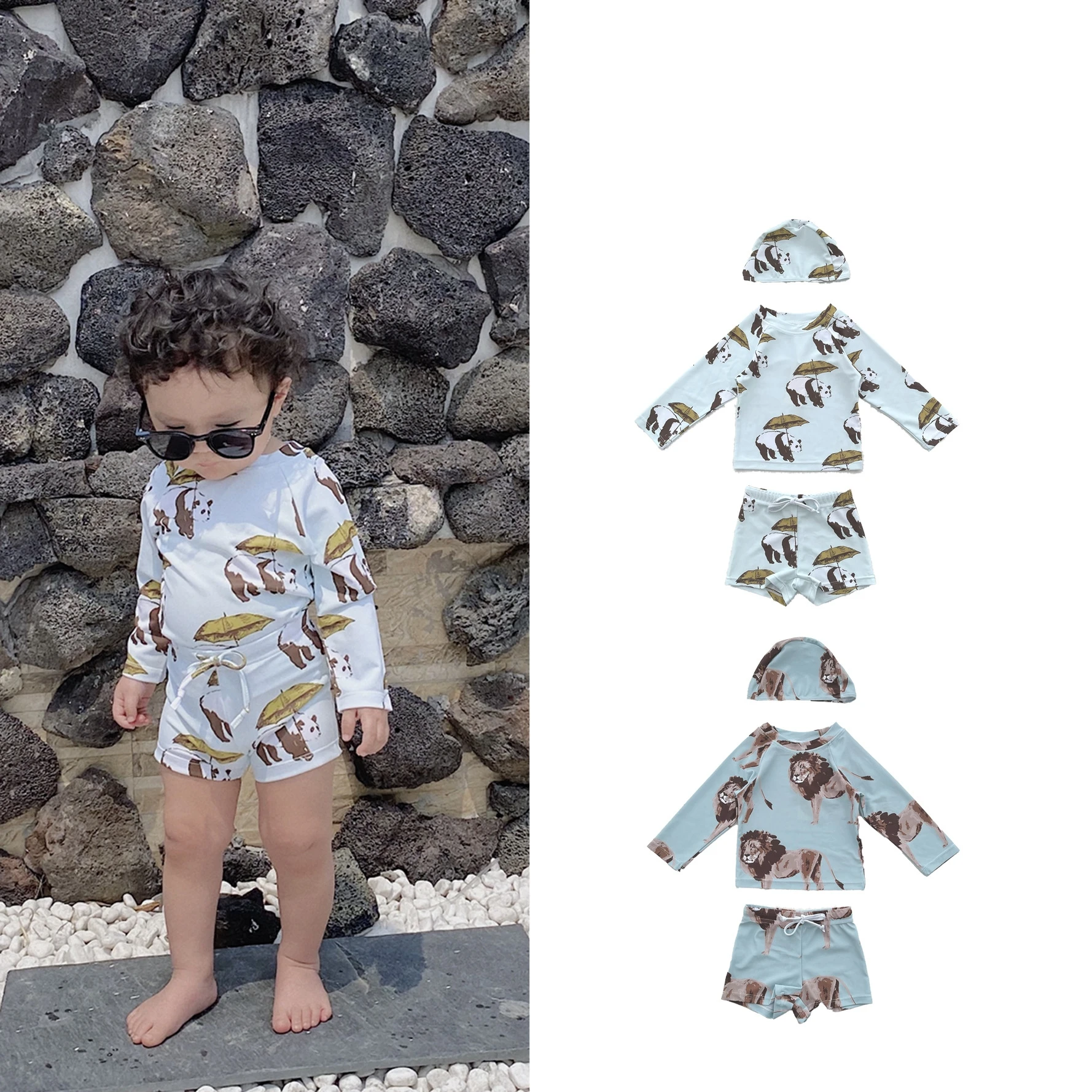 Summer Printed Two-piece Kids Swimsuits 1-6years Long Sleeve Girls Swimwear Beachwear Kids With Cap