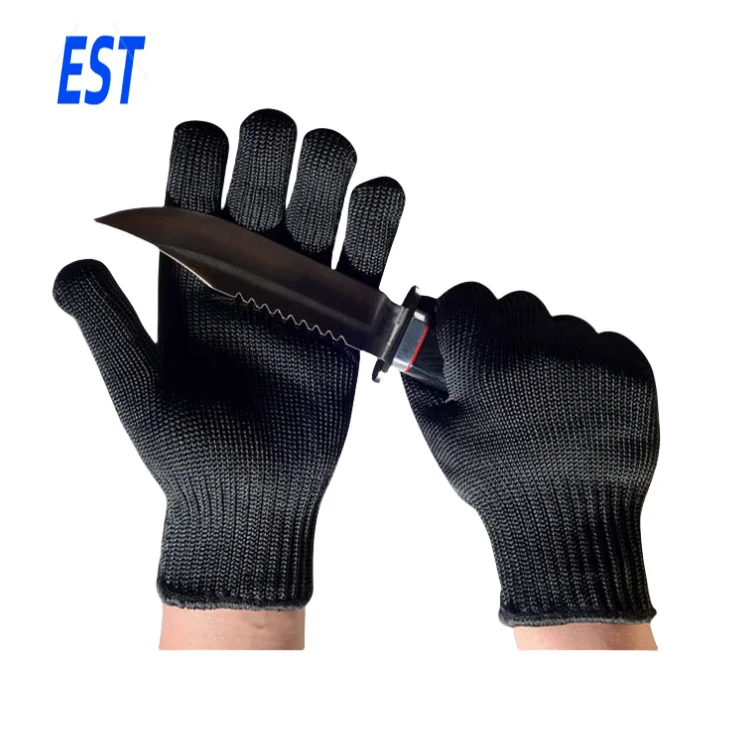 Black Color High Strength Polyester With Steel Wire Safety  Cut Resistant Level 4 Anti-Cut Gloves