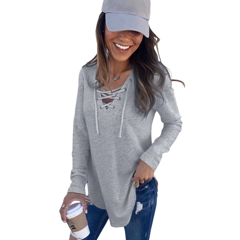 Tee shirt V neck long sleeve t shirt women 100% cotton tee shirt with Cross strapped