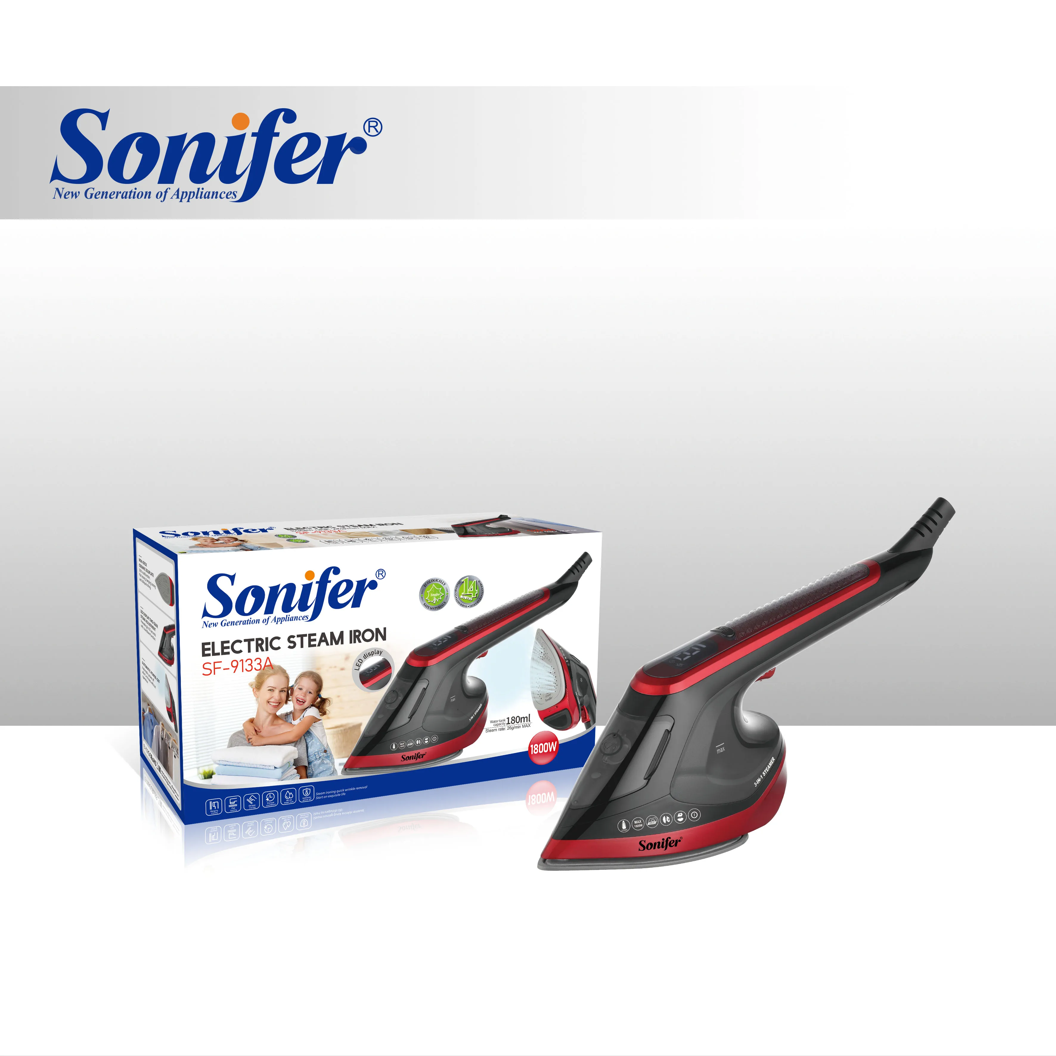 Sonifer SF-9133A Home Use 1800W 3lN1 Red Multifunction  Flat ironing hanging ironing and oblique ironing  Electric Steam Iron