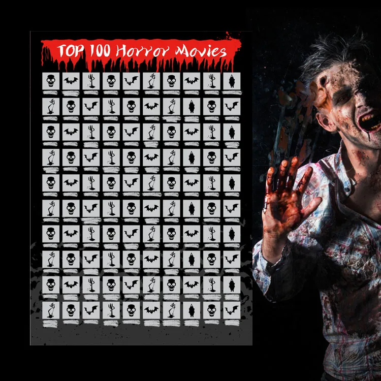 100 Horror Movies with Scratching Tool Bucket List Collection Halloween Gifts Scratch Off Poster