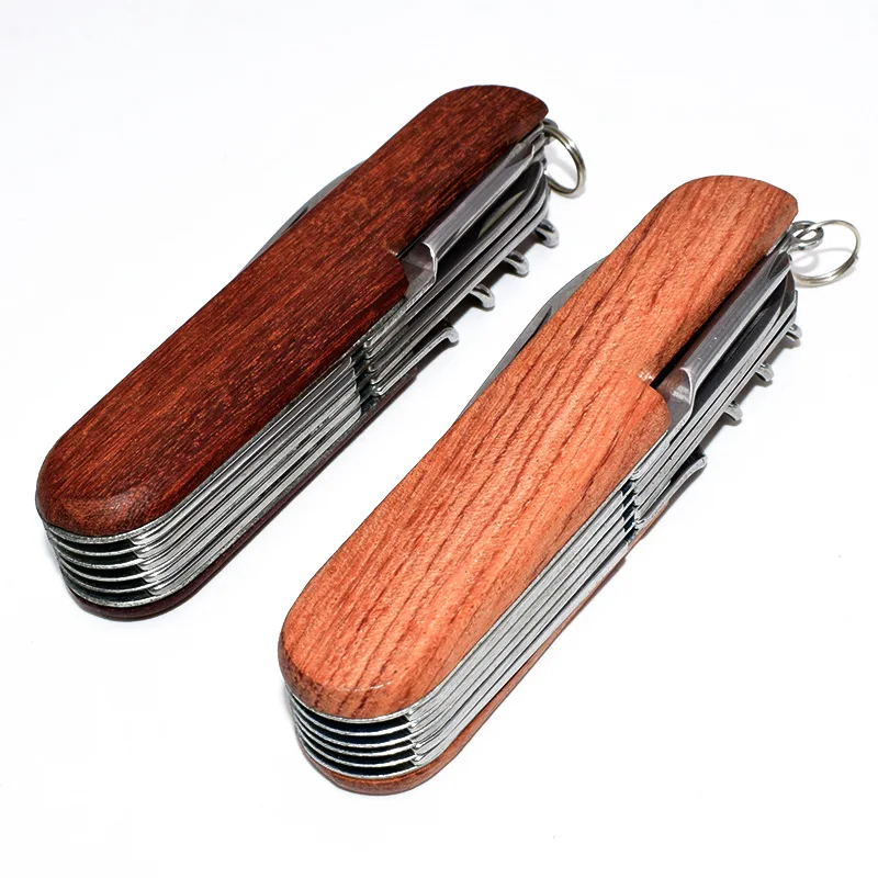 Stainless Steel pocket folding knife with wooden handle for 11 function tools