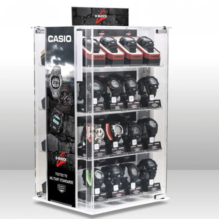 Acrylic double side rotating casio watch display case stand with locks