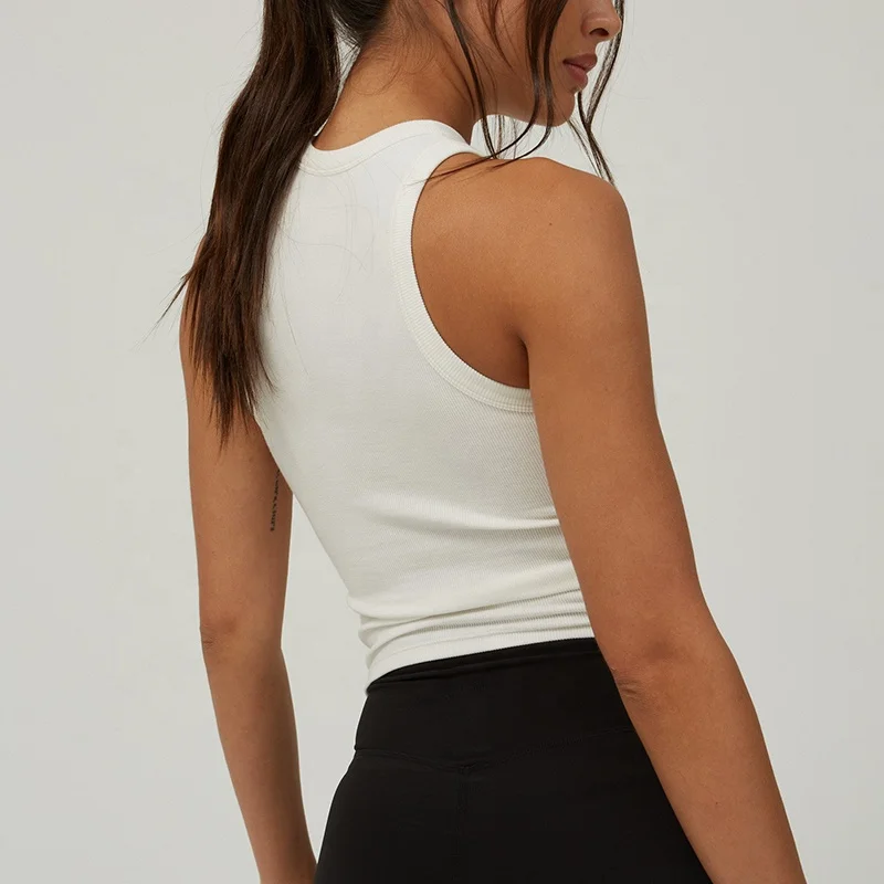 Women Ribbed Racer Vest White Rib Top Back tank 93% Cotton 7% Elastane High Classic Crew Neck Embroidered