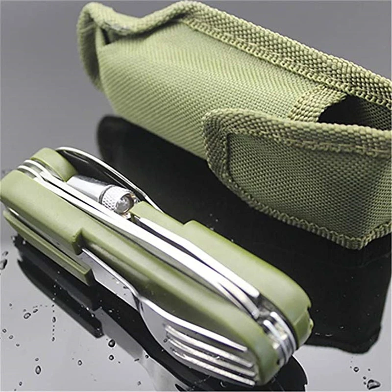 
9In1 Folding Equipment Manufacture Disposable Tableware With Led Light Outdoor Camping Fork/Spoon/Knife Stainless Steel Cutlery 