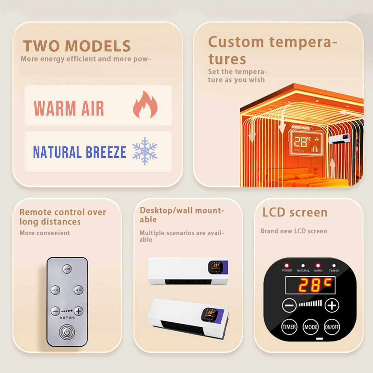 Small 2000W Wall Mounted Hanging Remote Timing Ceramic Fast Heating Space Air Hot Electric Fan Heater With Display For Bathroom