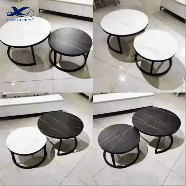 Contemporary Round Nesting Coffee Table Bent Black Gold Metal Side Glass Marble Stone mdf Wood Nest of 3 Table Set Nesting Table