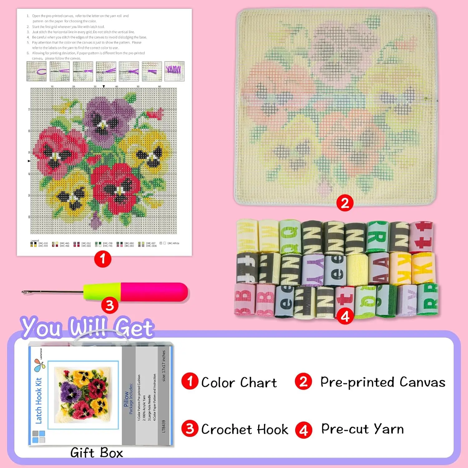 Latch Hook Kits for Adults Kids DIY Cats Pillow Cover Cross Stitch with Preprinted Canvas Crochet Yarn Embroidery Hooking Kit