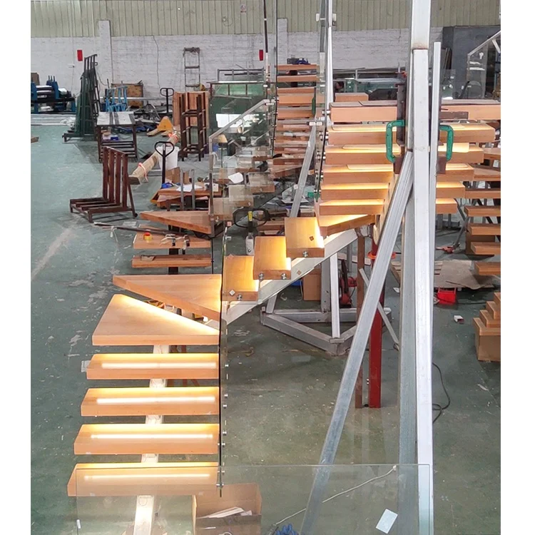 Factory Direct Second Floor Metal Railing Mono Stringer Staircase Handrail Solid Wood Tread Step Lights Indoor Stair