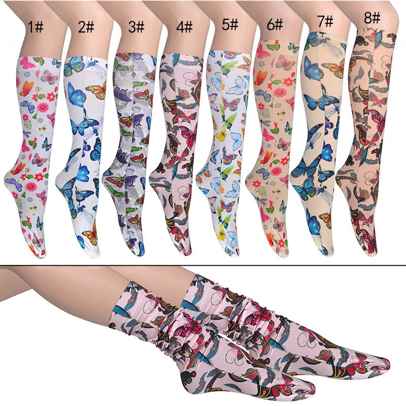 OEM Summer Retro Thin Sunscreen Color Butterfly Print Teen Tube Nylon Knee Pattern Socks