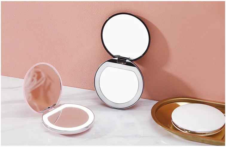 Double-sided LED Lights Small Cosmetic Make up Pocket Mirror USB Charger Color Box Customer Logo Custom Designs Round 75*75*20mm