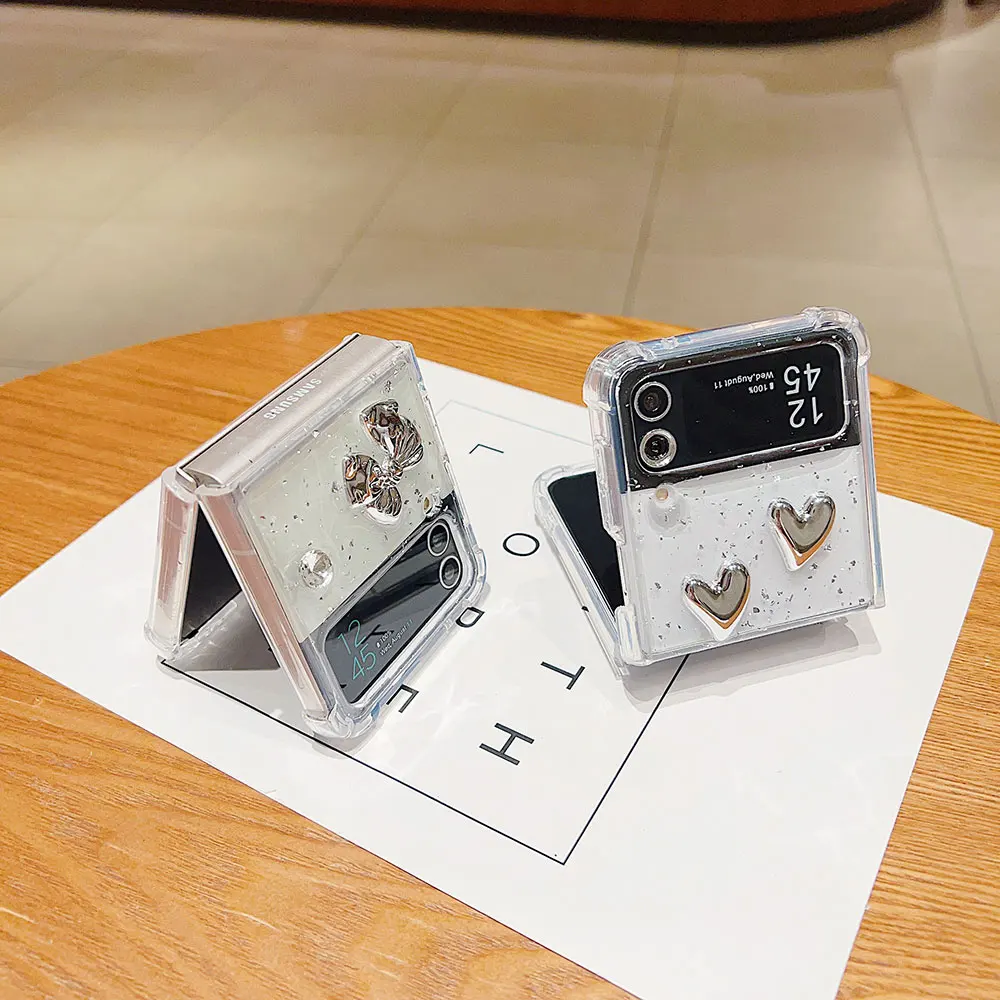 Laudtec SJK195 Electroplate Glitter Clear Love Heart Phone Case For Galaxy Z Flip5 Flip4 Flip3 5G Flip