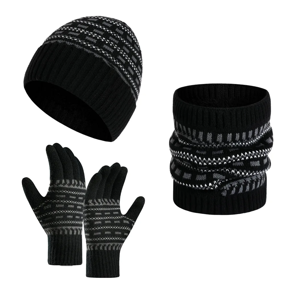 Wholesale Women Men 3PCS Set Acrylic Knit Winter Beanie Hat with Scarf and Gloves Set with Leather Patch Label