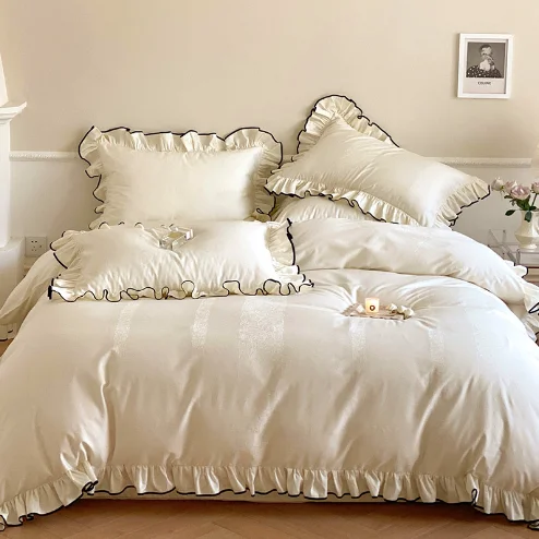 French 100 long staple cotton cotton four-piece set jacquard quilt set lace solid color sheet bed products