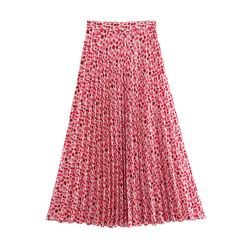 Red color print zipper fly pleated casual fashion long skirts for women