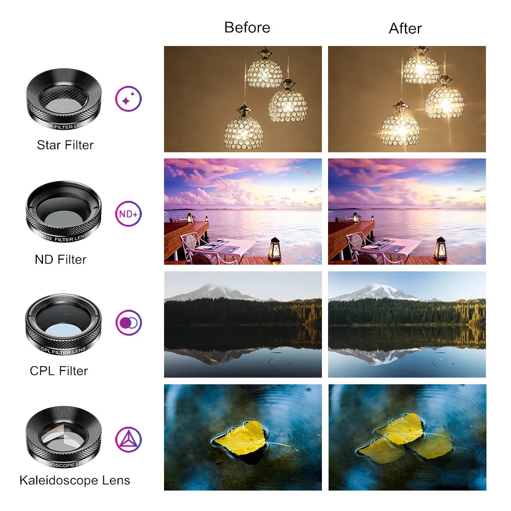 Apexel New 11 in 1 filter mobile camera lens kit, wide angle/ Macro/ Fisheye/ CPL/ ND/ star/kaleidoscope
