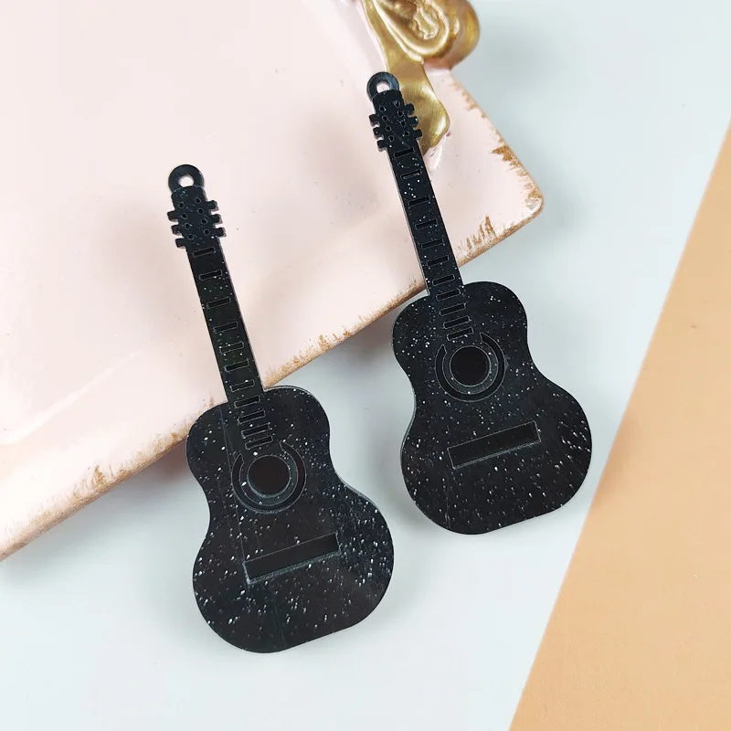 Black Glitter Guitar Acrylic Charms for DIY Keychain Musical Instruments Dangle Fit Jewelry Making Shinny Wholesale