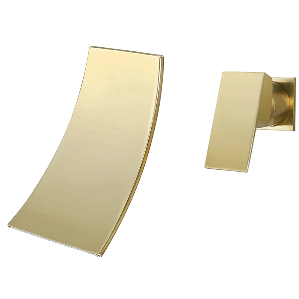 Unique Gold Brushed Faucet Series Wall Mounted 2 Hole Single Handle Waterfall Spout Hot Cold Water Basin Mixer Tap