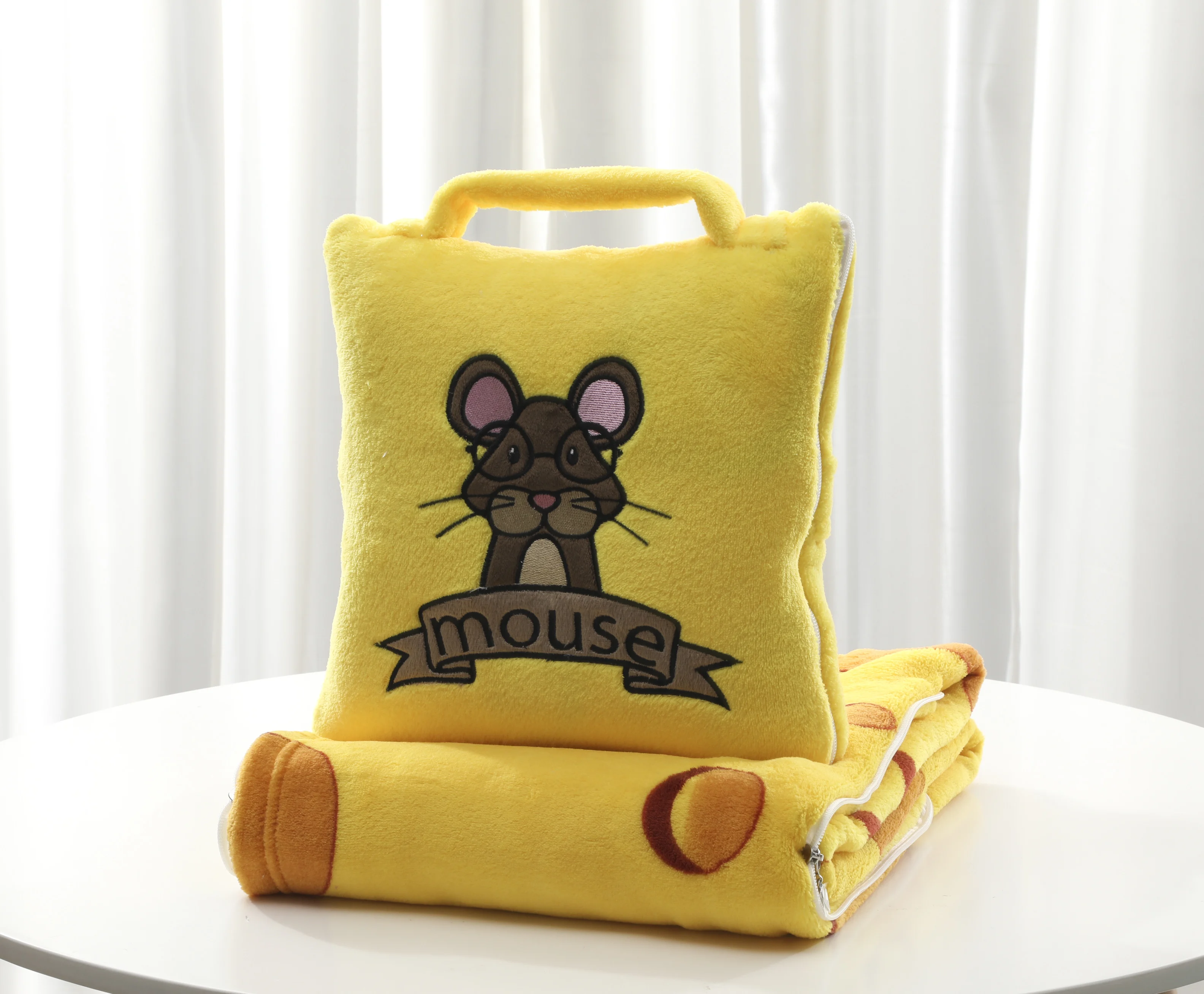 Foldable Cartoon Animal Yellow  Mouse Design Plush Travel Pillow Blanket For Baby