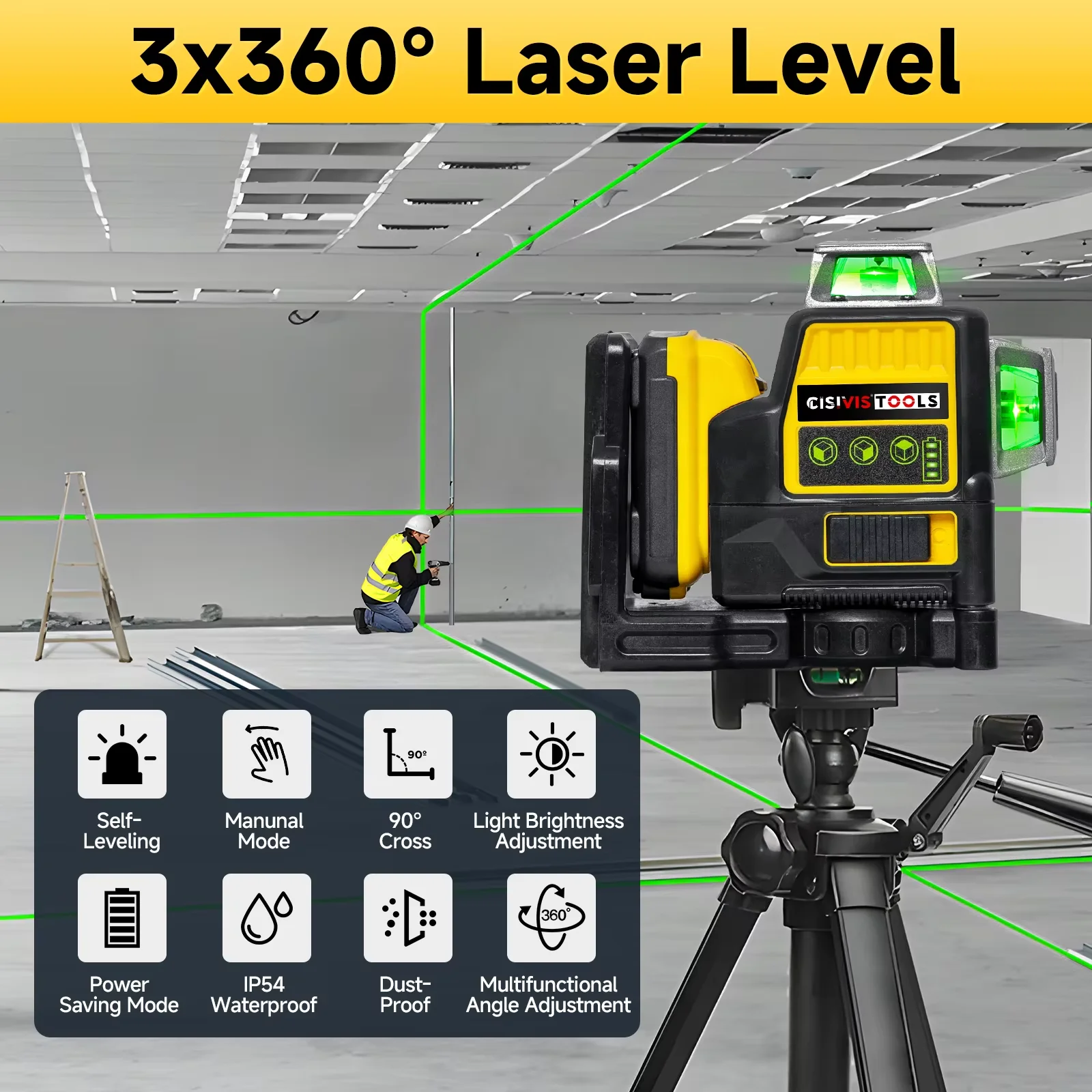 CISIVIS 16-Line 3-Point Professional Outdoor Auto Level Set Rotating Green DW Concrete Laser Level